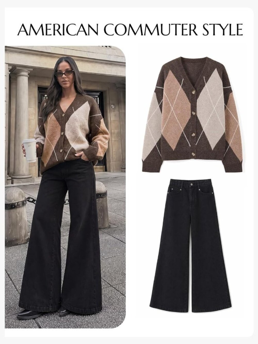 Plaid Color Block Long Sleeve Cardigan Sweater for Women - V Neck Knit Top - Picture 6 of 6